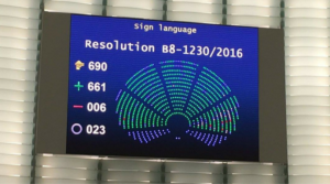 tablica z głosowania nad rezolucją o językach migowych i zawodzie tłumacza